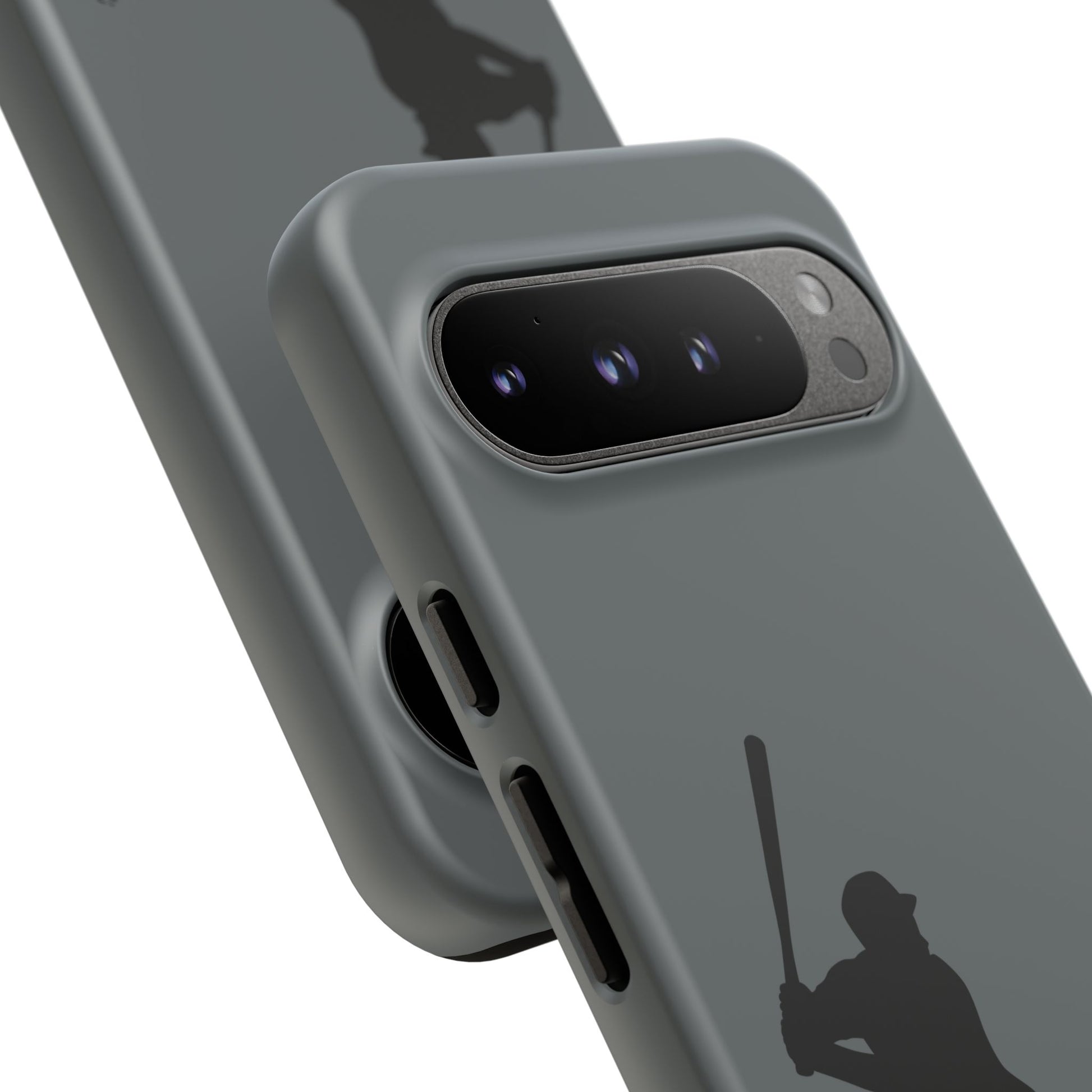 Black iPhone case with a white baseball silhouette design, durable protective sporty phone cover by Printify.