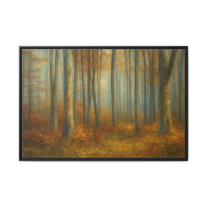 Framed autumn forest canvas print featuring a misty woodland scene, wall art by Printify, ideal for nature-inspired home decor.