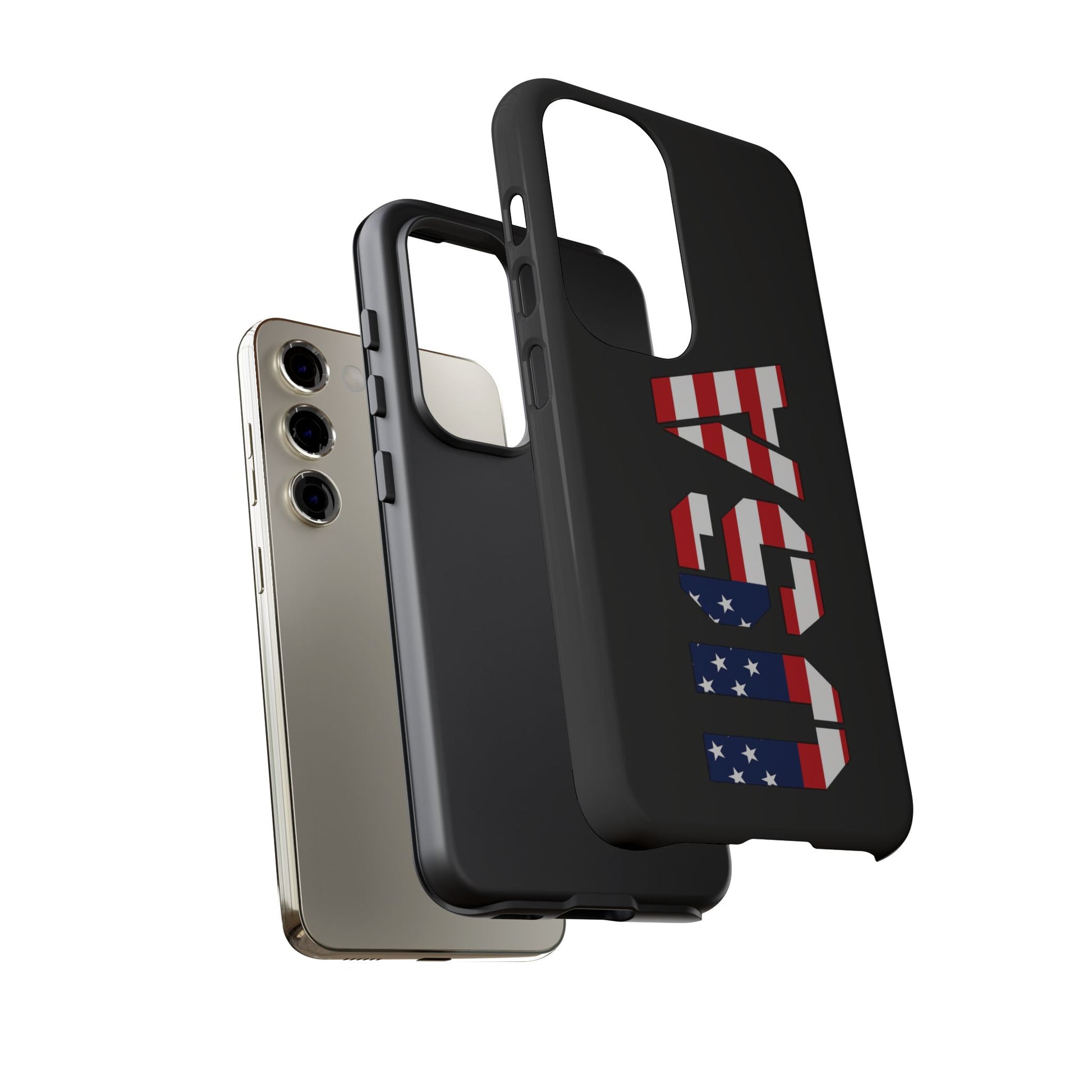 USA patriotic American flag tough phone case by Printify, showcasing a durable, flag-themed design on a smartphone.