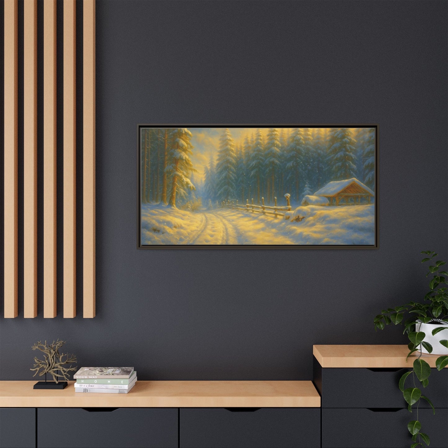 Framed winter cabin canvas print showing a snowy forest sunset, wall art by Printify with a cozy winter scene.