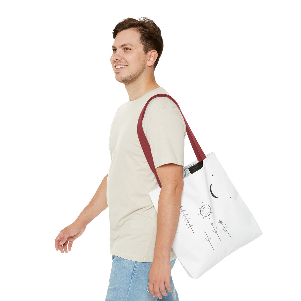 Minimal moon and sun botanical tote bag with celestial line art design by Printify, featuring a stylish and eco-friendly bag.