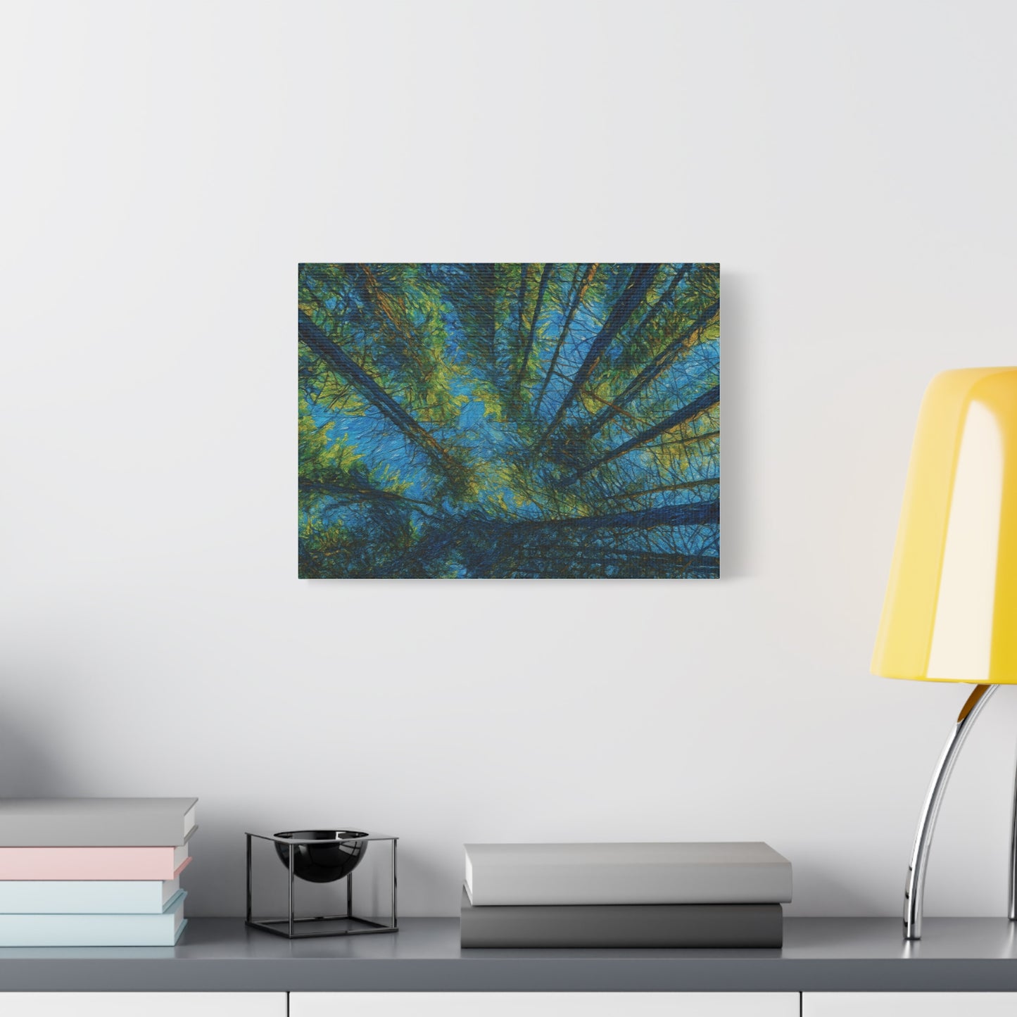Forest Canopy Matte Canvas Wall Art — Upward View of Trees, Blue & Green Nature Print