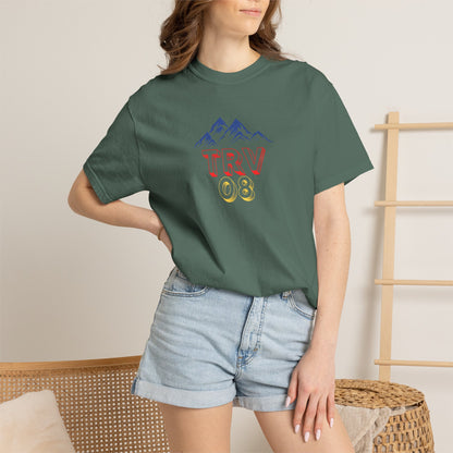 Unisex garment-dyed T-shirt with TRV08 Logo printed on the front, made by Printify, in a casual, comfortable style.