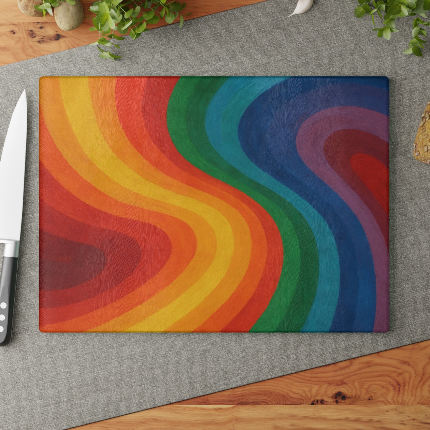 Glass Cutting Board — Retro Rainbow Wave Tempered Glass Chopping Board