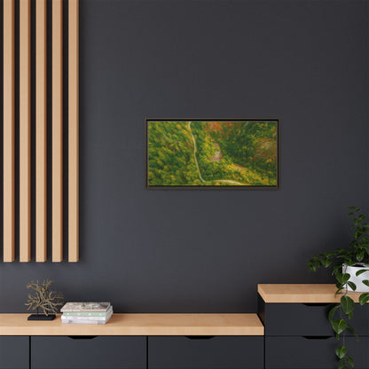 Multi-color framed matte canvas wall art featuring an aerial view of a forest path landscape by Printify.