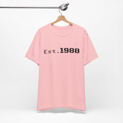 Black Est. 1988 retro logo T-shirt by Printify featuring a vintage-inspired design on soft cotton fabric.