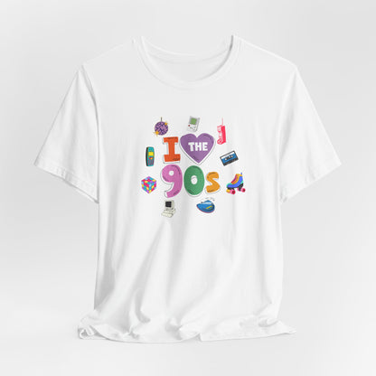 I  Love the 90's Short Sleeve Tee - Retro Graphic Tee, Vintage Style Shirt, Perfect for Casual Outings, 90s Nostalgia Apparel