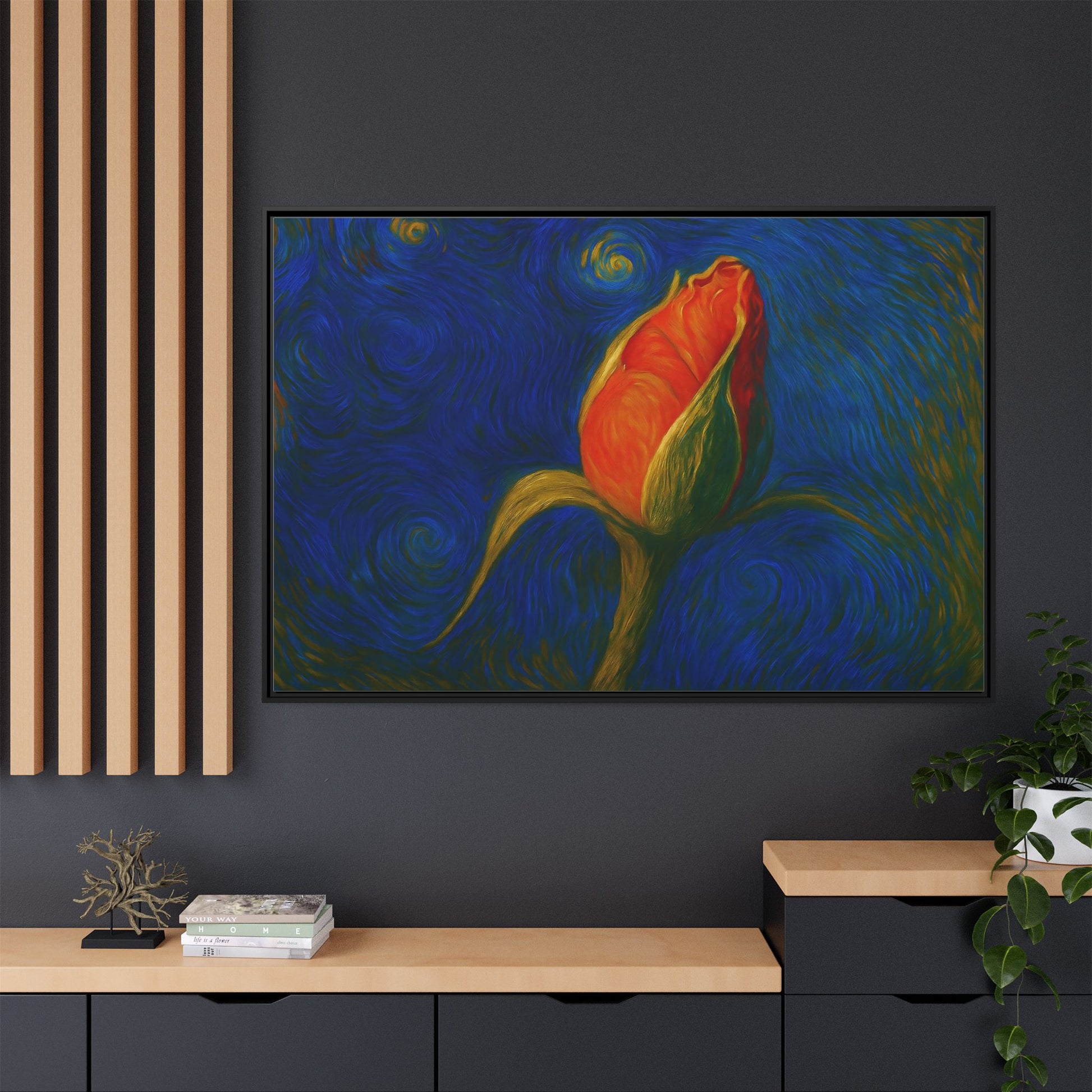 Red rose bud canvas wall art by Printify featuring a framed matte floral painting for elegant home decor.