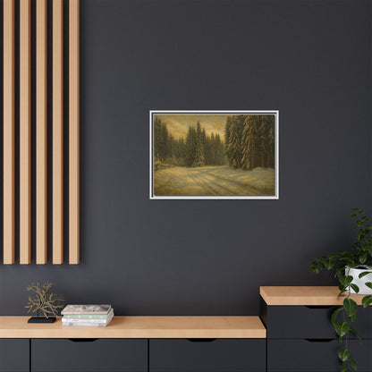 Framed matte canvas wall art featuring a winter forest landscape with snow-covered trees, designed by Printify.