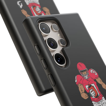 Black football player tough phone case for iPhone, featuring sports design and protective durable material by Printify.