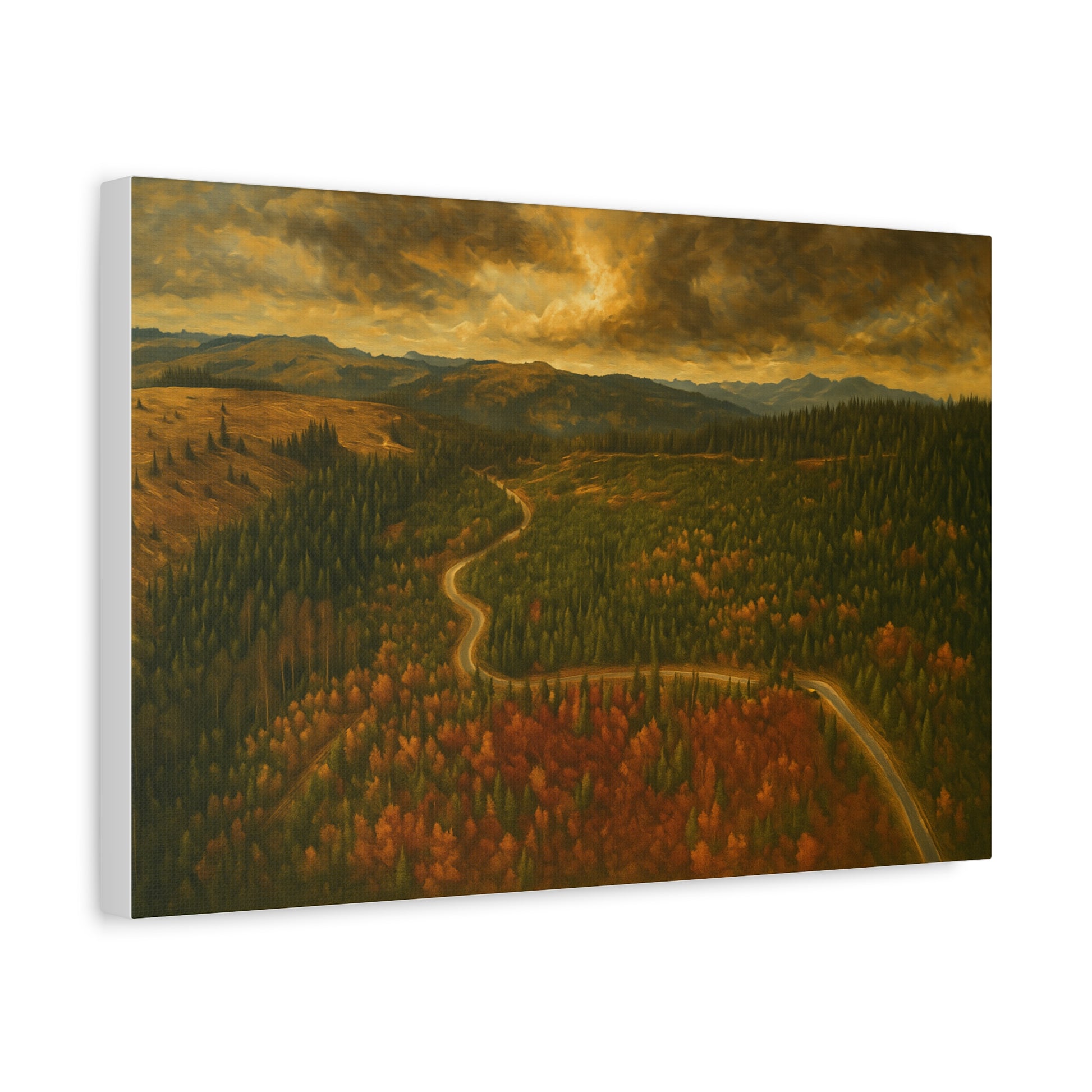 Moody forest landscape on stretched canvas wall art, Autumn Ridge Road Matte by Printify, featuring moody trees and autumn scenery.
