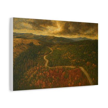 Moody forest landscape on stretched canvas wall art, Autumn Ridge Road Matte by Printify, featuring moody trees and autumn scenery.
