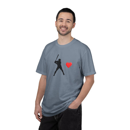 White baseball batter heart T-shirt by Printify featuring a graphic of a batter swinging a bat on the front.