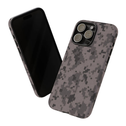 Gray digital camouflage phone case by Printify, rugged protective cover for smartphones with a tough design.