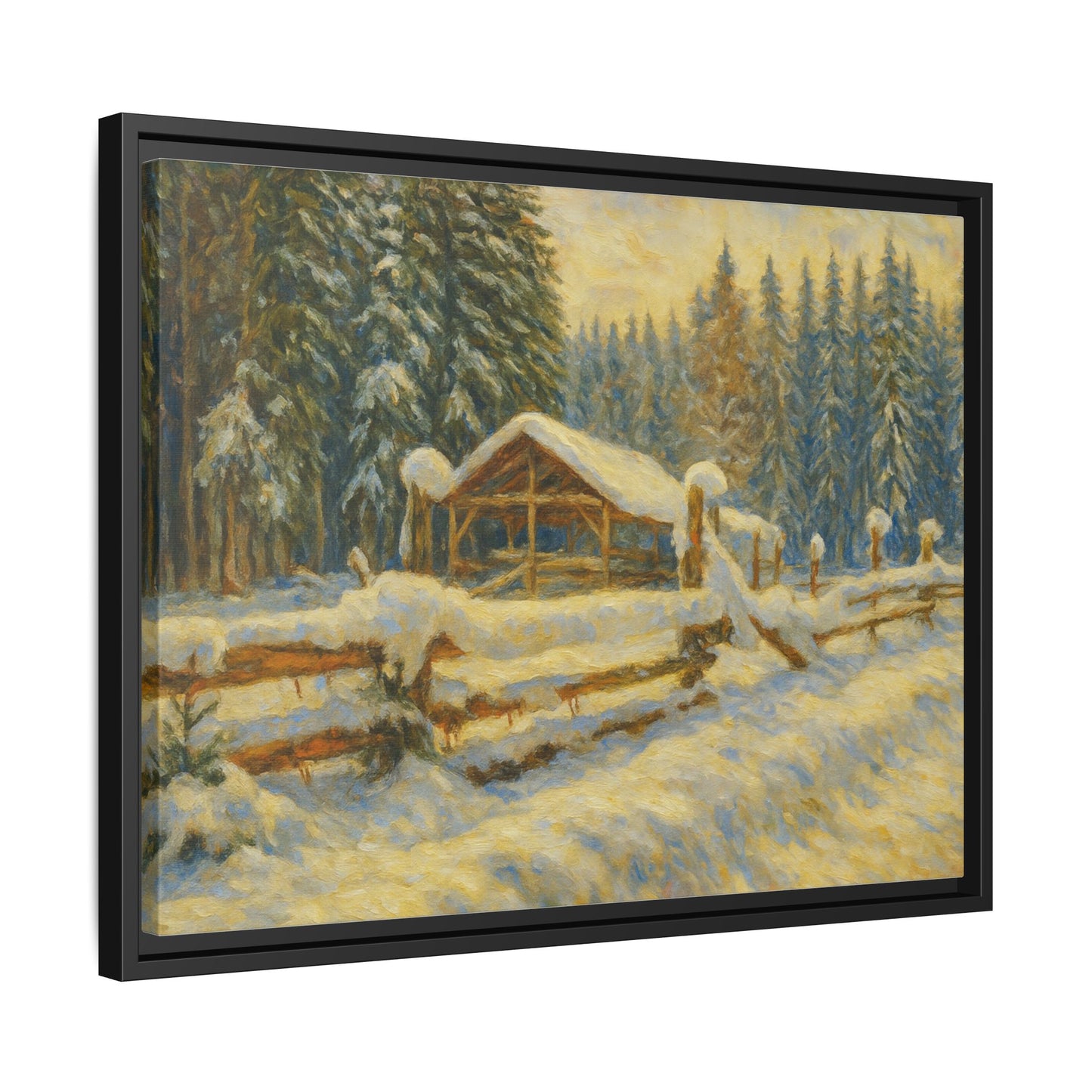 Snowy cabin winter landscape canvas wall art by Printify, featuring a matte framed winter scene with snow-covered trees.