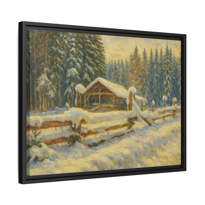 Snowy cabin winter landscape canvas wall art by Printify, featuring a matte framed winter scene with snow-covered trees.
