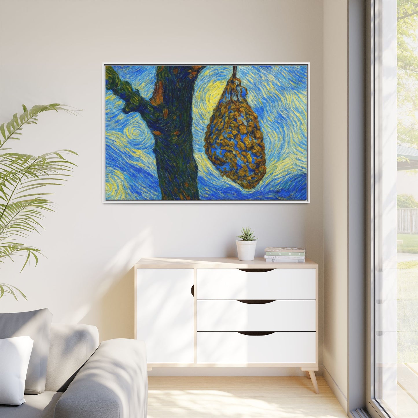 Framed matte canvas art of a starry nut cluster with dried plum in a tree, by Printify, showing detailed botanical artwork.