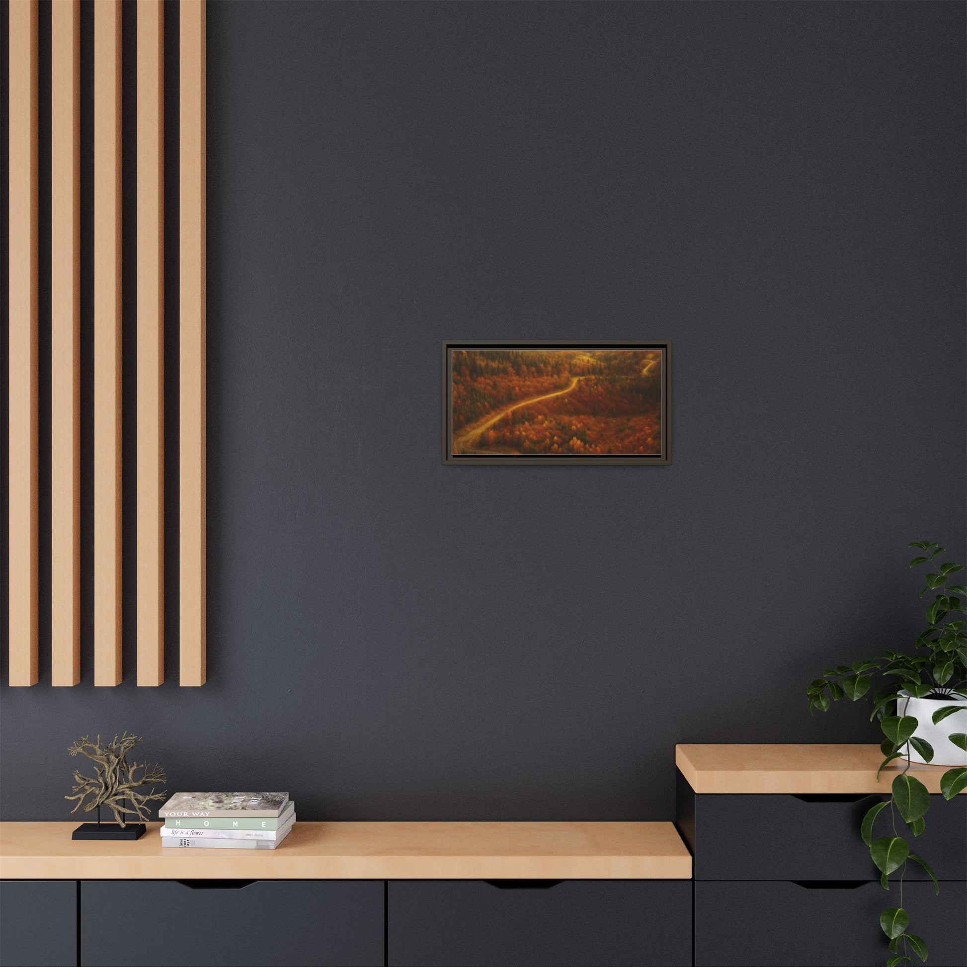 Framed matte canvas print of autumn forest road landscape wall art by Printify, showing vibrant fall trees and a scenic pathway.