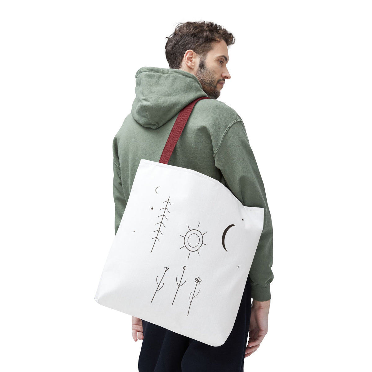 Minimal moon and sun botanical tote bag featuring celestial line art, made by Printify, with natural botanical and celestial design.