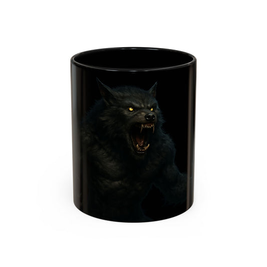 Werewolf coffee mug by Printify featuring a dark horror design with a howling wolf for a spooky coffee experience.