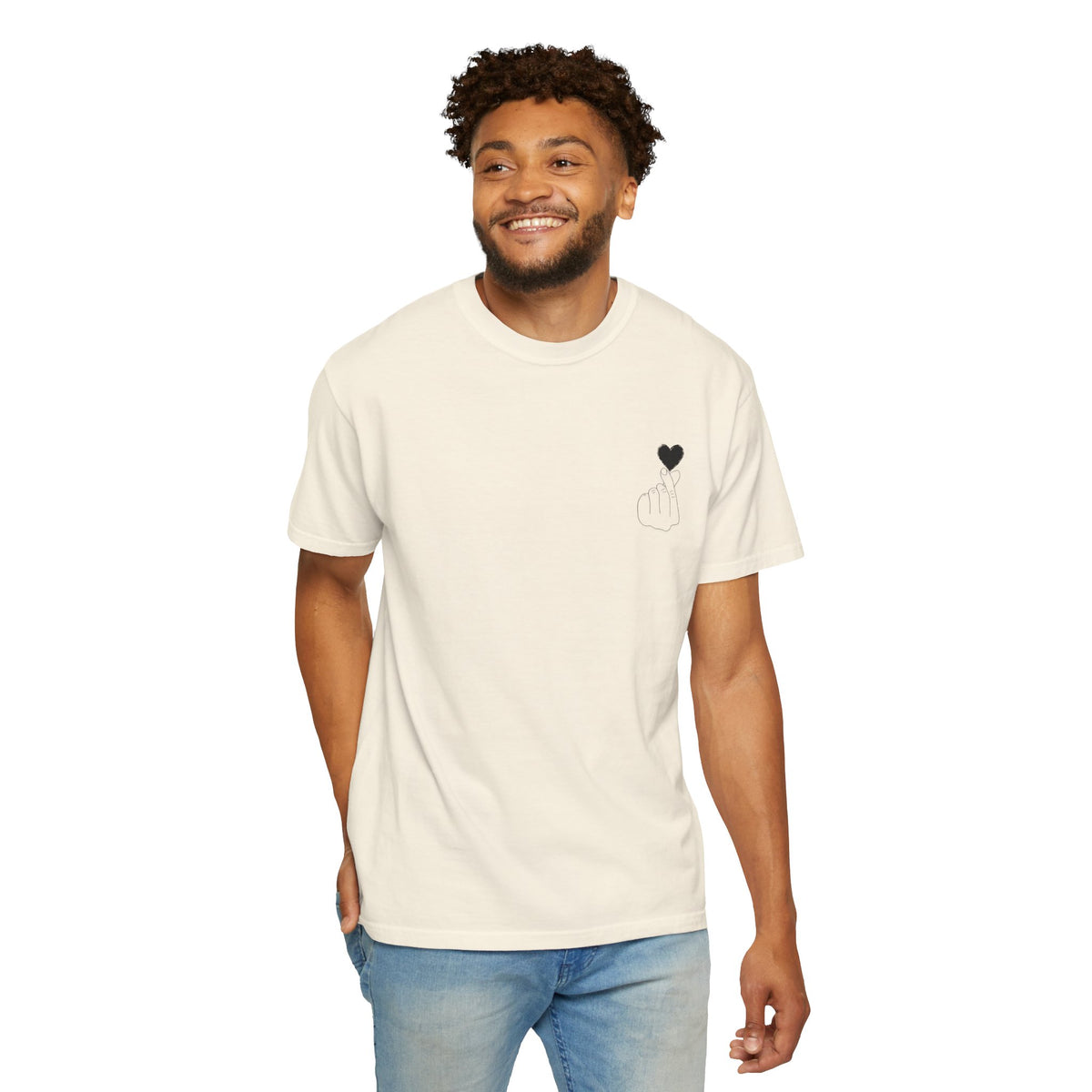 Black T-shirt with minimal white finger heart graphic, casual printify brand tee, soft cotton fabric, close-up front view.