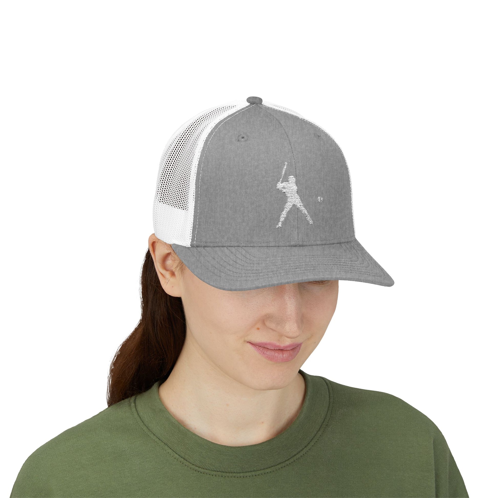 Vintage batter silhouette baseball snapback trucker cap by Printify, featuring classic design and adjustable mesh back.