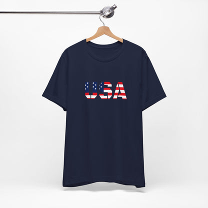 USA flag text T-shirt by Printify featuring patriotic Fourth of July design, with bold flag and message on a comfortable cotton tee.