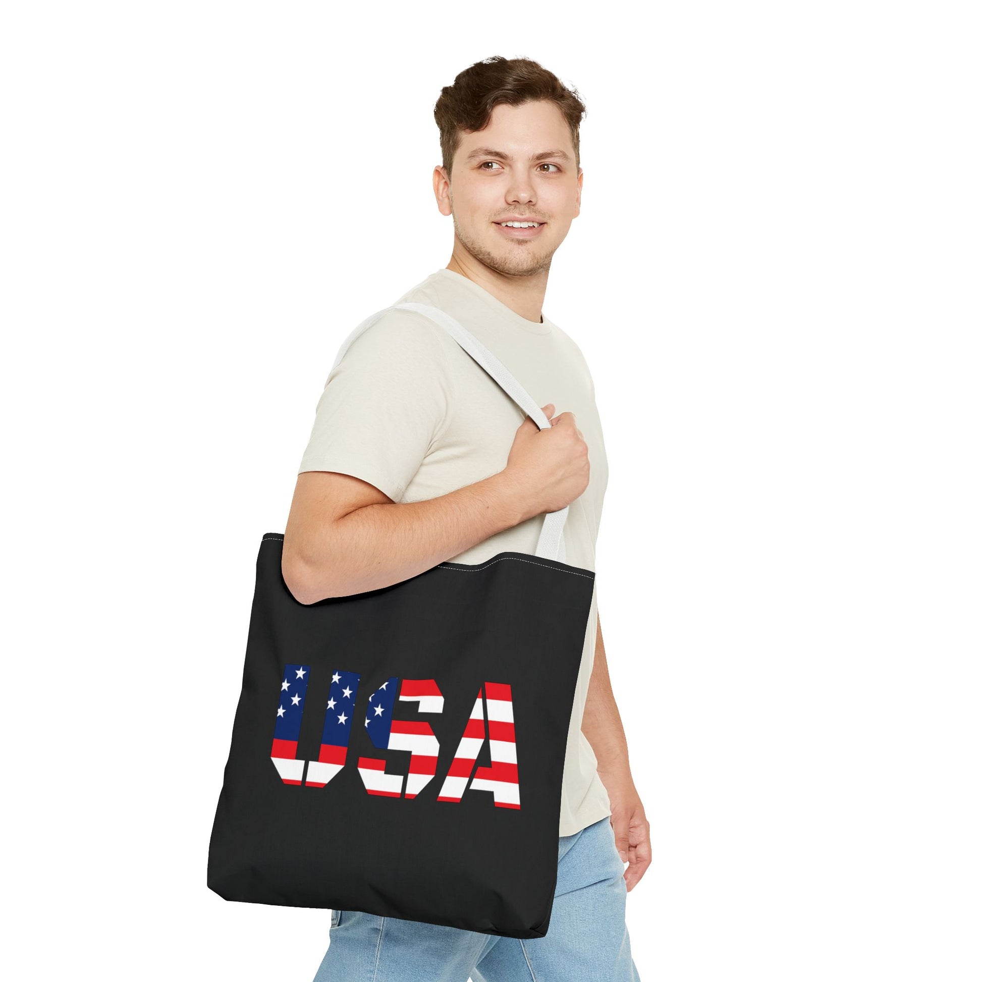 Patriotic USA flag tote bag by Printify, reusable summer carryall with American flag design for 4th of July celebrations.