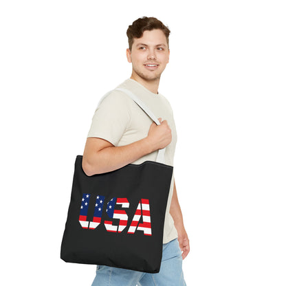Patriotic USA flag tote bag by Printify, reusable summer carryall with American flag design for 4th of July celebrations.