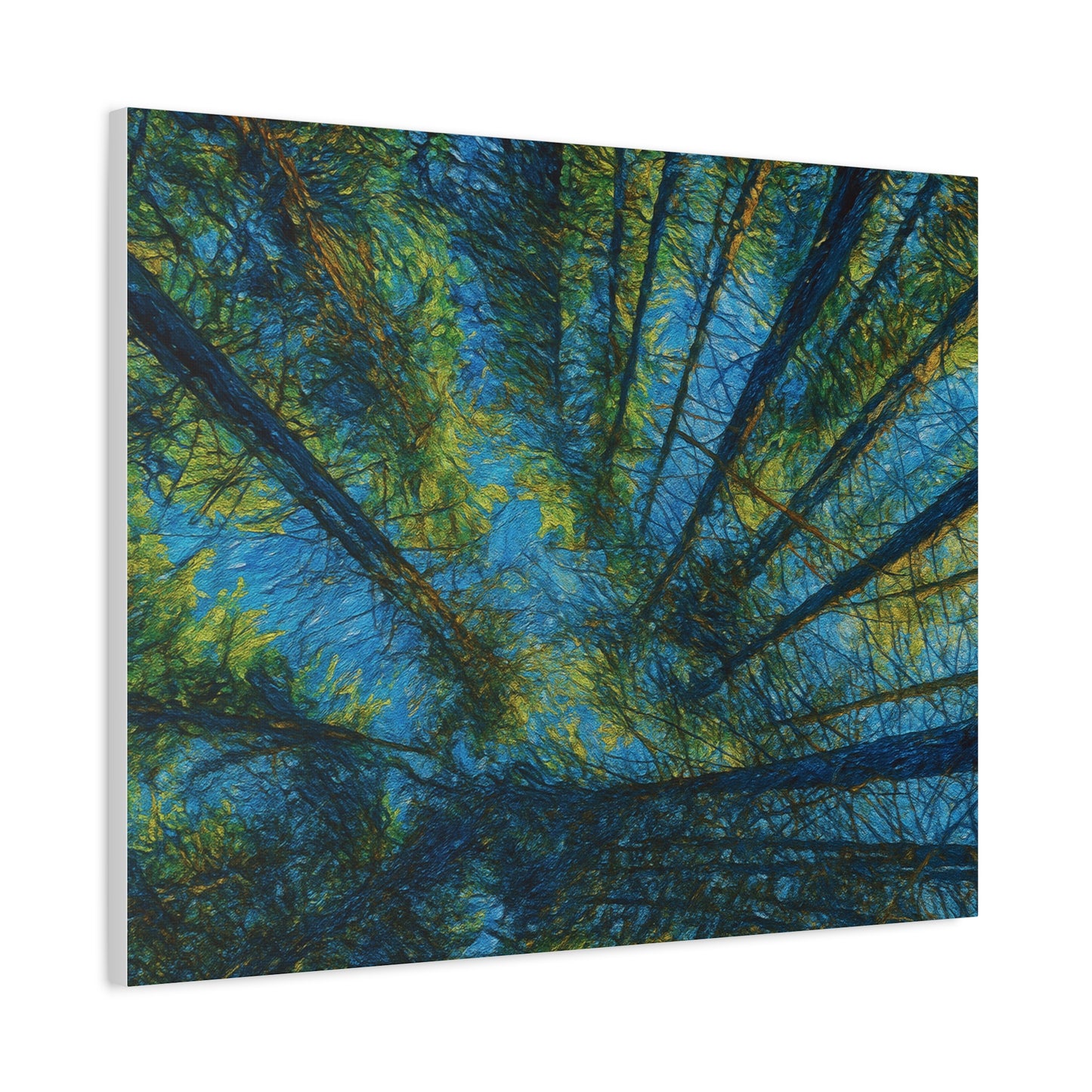 Forest Canopy Matte Canvas Wall Art — Upward View of Trees, Blue & Green Nature Print