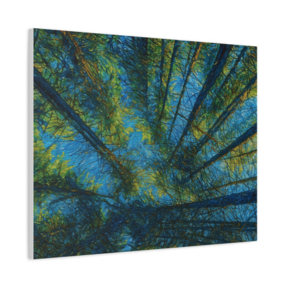 Forest Canopy Matte Canvas Wall Art — Upward View of Trees, Blue & Green Nature Print