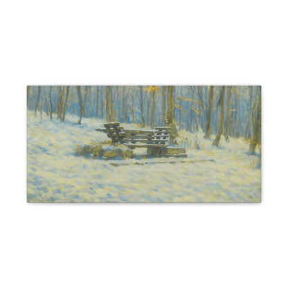 Snowy park bench matte canvas print featuring winter woodland scene, stretched 1.25 inches, by Printify.