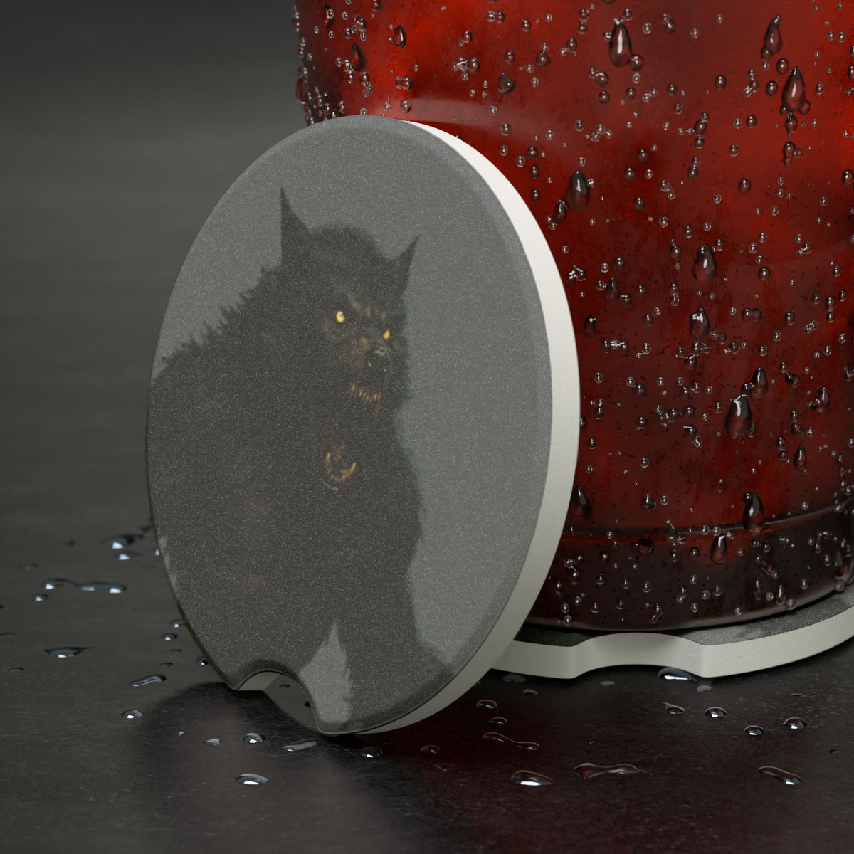 Soapstone car coaster featuring a black cat night design, with detailed pet-themed artwork on a round black stone surface.