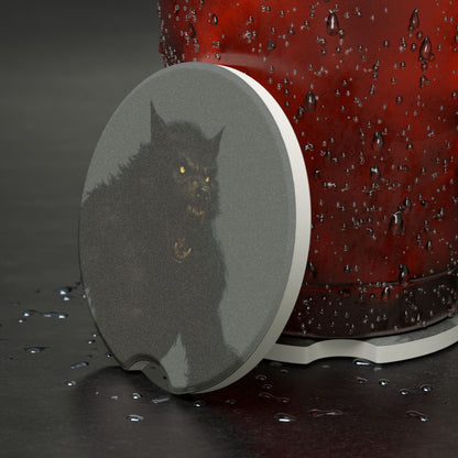 Soapstone car coaster featuring a black cat night design, with detailed pet-themed artwork on a round black stone surface.