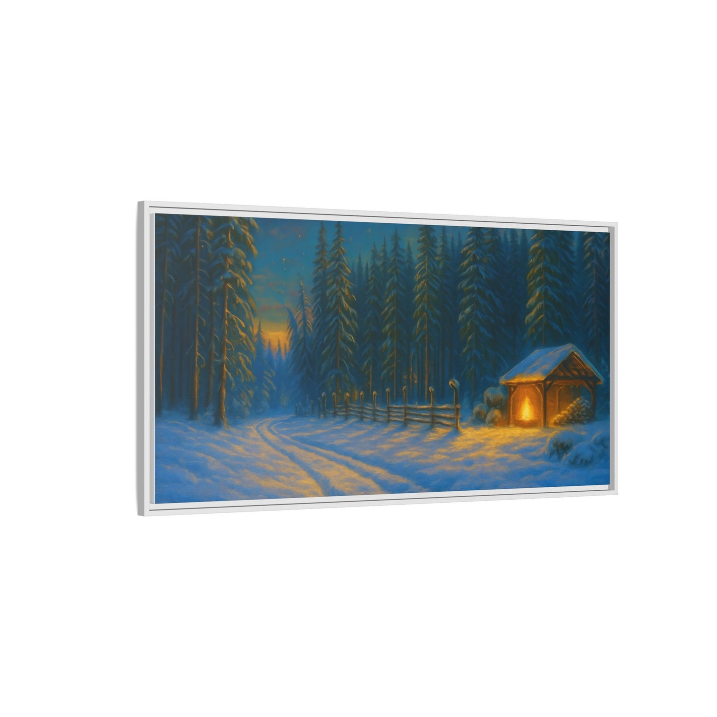 Cozy winter cabin matte framed canvas wall art featuring a snowy forest scene during evening, by Printify.
