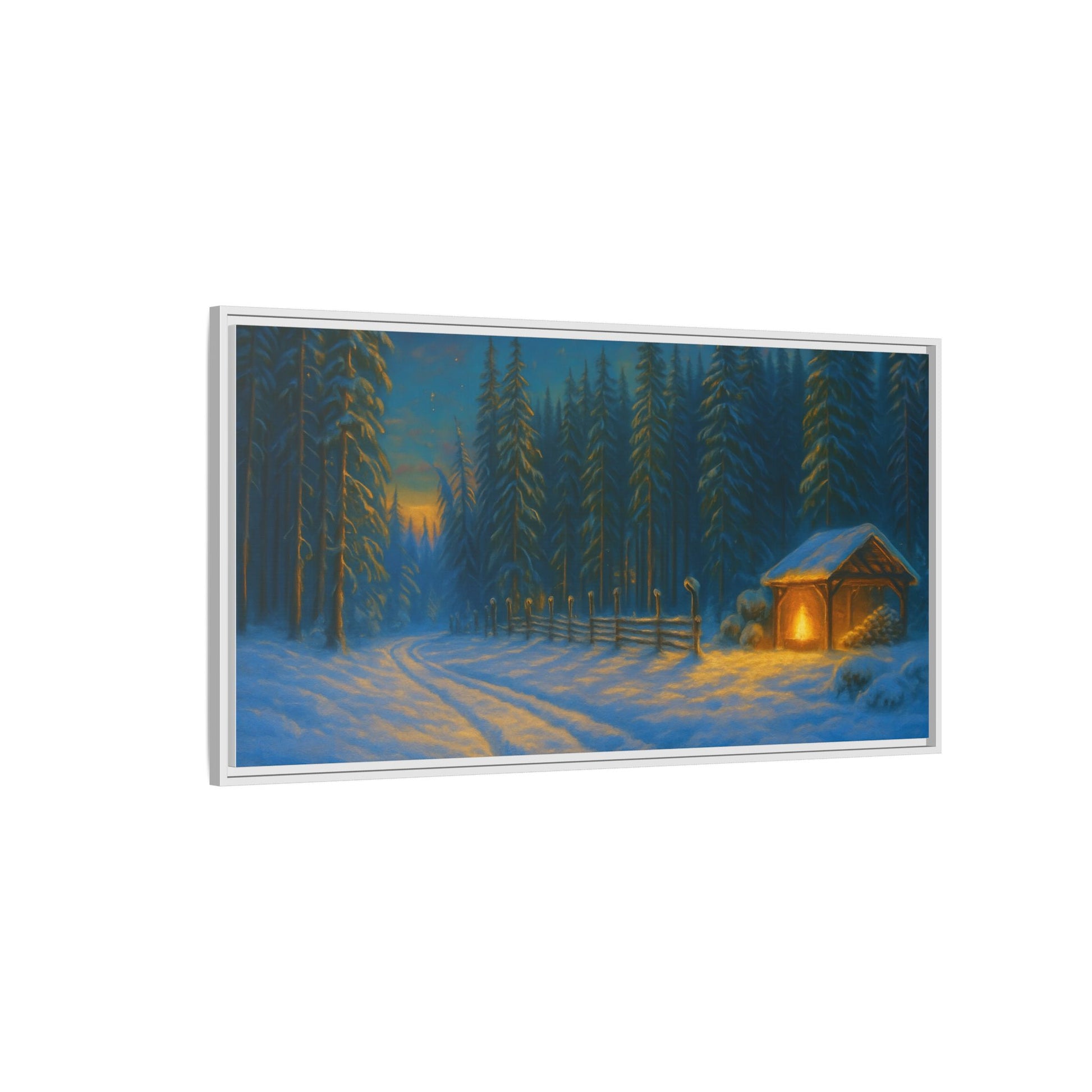 Cozy winter cabin matte framed canvas wall art featuring a snowy forest scene during evening, by Printify.