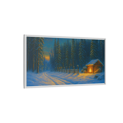 Cozy winter cabin matte framed canvas wall art featuring a snowy forest scene during evening, by Printify.