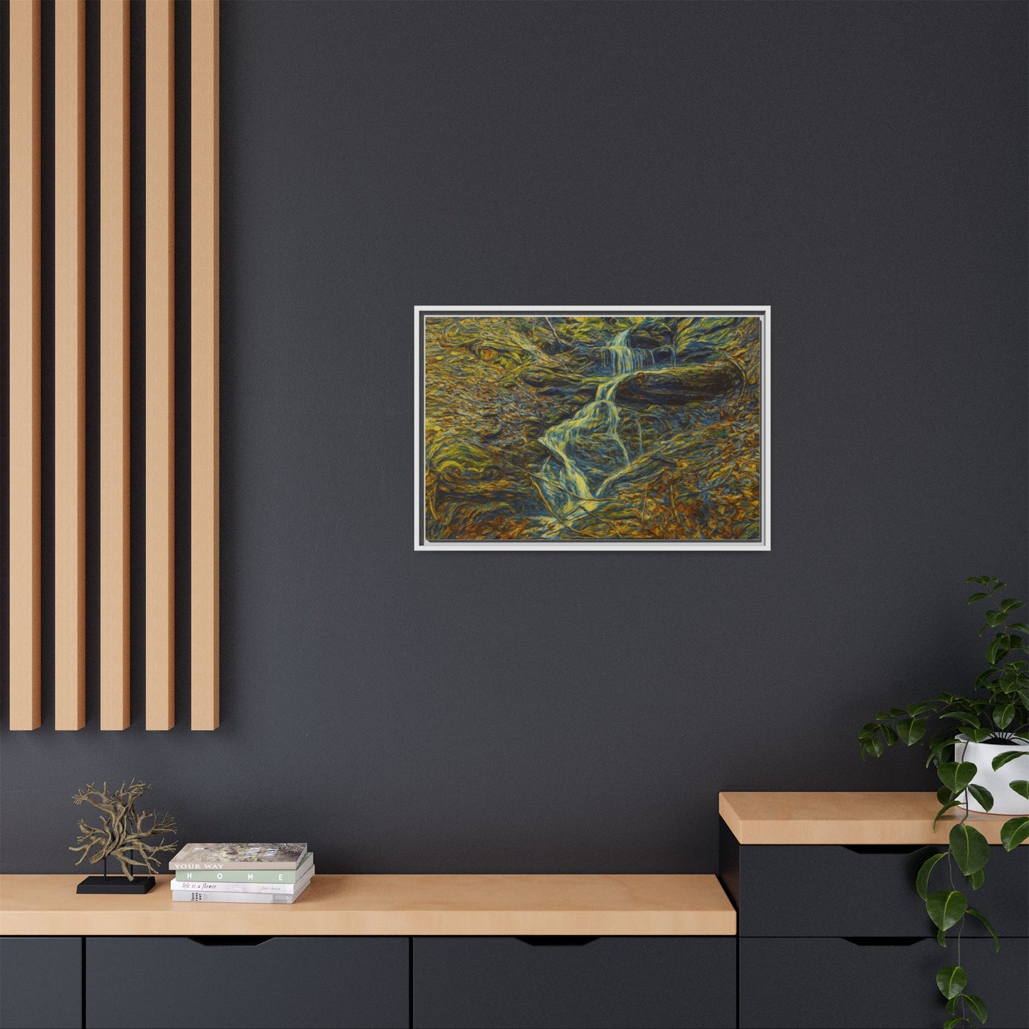 Framed matte canvas wall art of an autumn forest with a waterfall, showcasing vibrant fall colors and natural scenery.