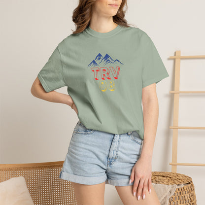 Unisex garment-dyed T-shirt with TRV08 Logo print by Printify, featuring a casual fit and soft fabric in natural colors.