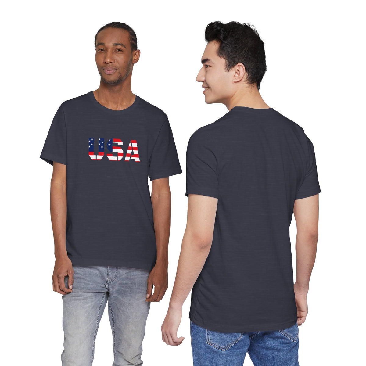 USA flag text T-shirt by Printify featuring patriotic Fourth of July design on a casual cotton T-shirt.