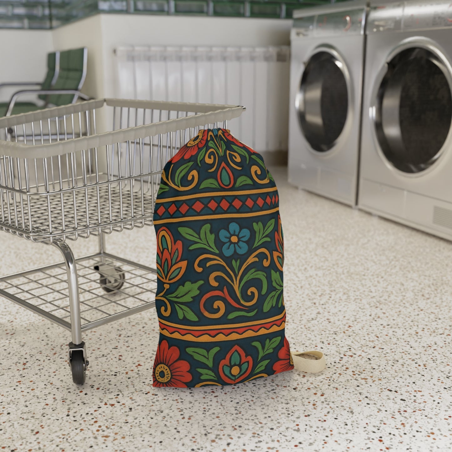 Boho floral pattern laundry bag with drawstring closure, featuring folk floral design by Printify on durable fabric.