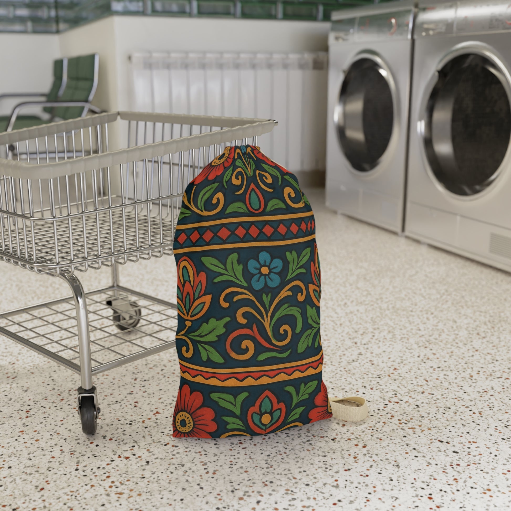 Boho floral pattern laundry bag with drawstring closure, featuring folk floral design by Printify on durable fabric.