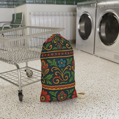Boho floral pattern laundry bag with drawstring closure, featuring folk floral design by Printify on durable fabric.