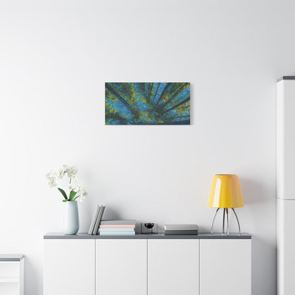 Forest Canopy Matte Canvas Wall Art — Upward View of Trees, Blue & Green Nature Print