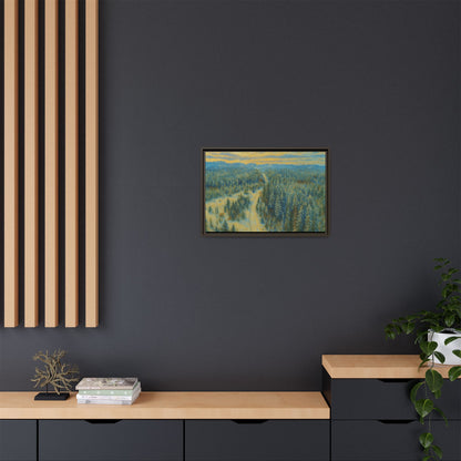Framed matte canvas print of a serene winter forest landscape by Printify, showcasing snow-covered trees and peaceful scenery.