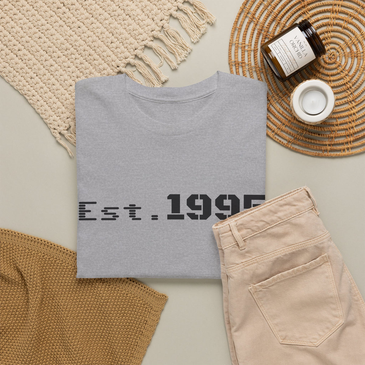 Vintage Est. 1995 T-shirt by Printify featuring minimalist design and birthday theme, displayed on a neutral background.