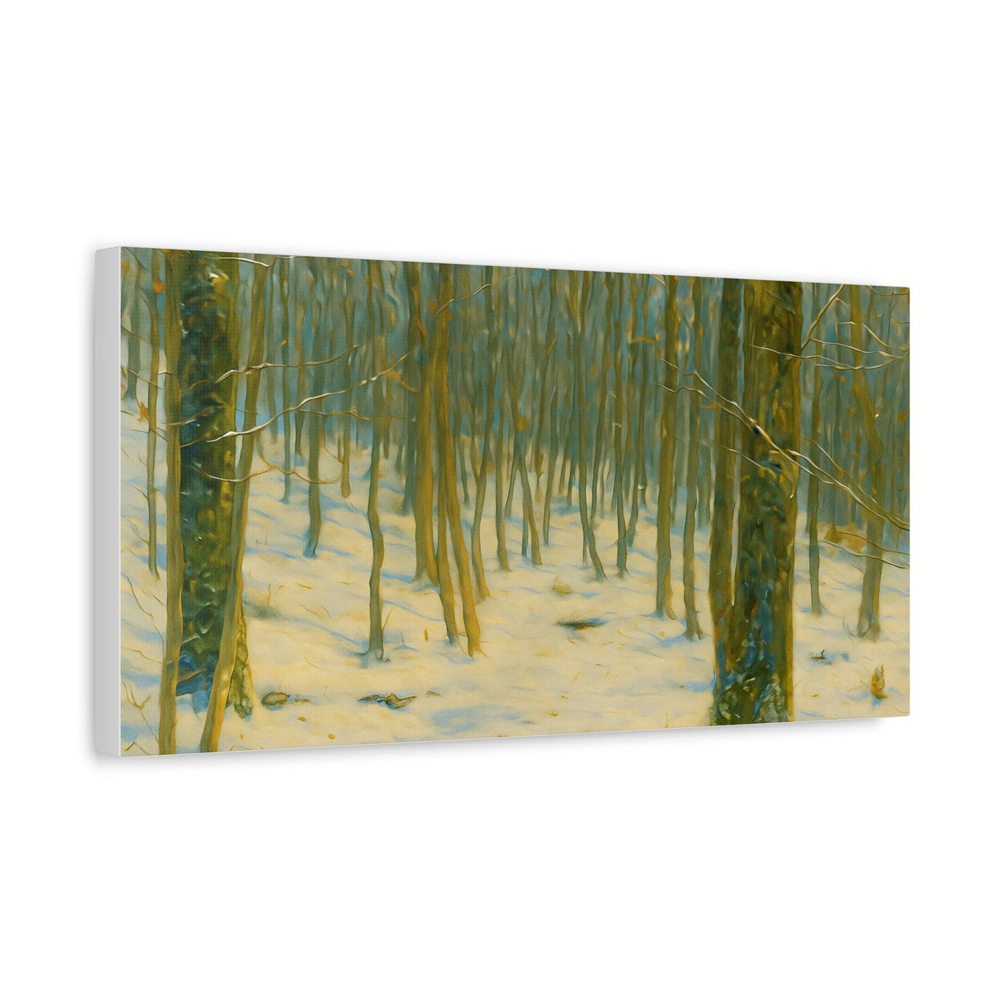 Snowy winter forest canvas print by Printify, featuring a stretched matte canvas with a serene winter landscape scene.