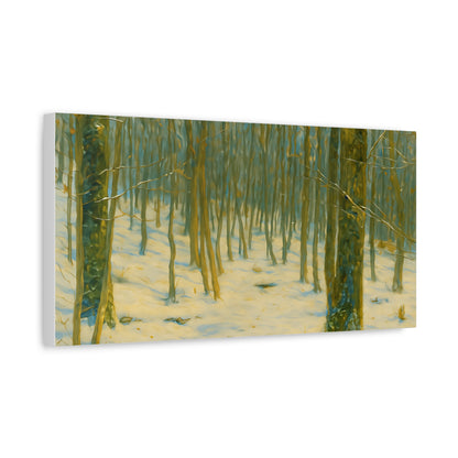 Snowy winter forest canvas print by Printify, featuring a stretched matte canvas with a serene winter landscape scene.
