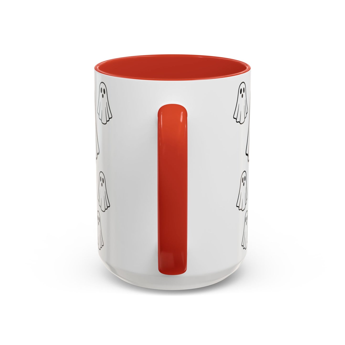 White ceramic coffee mug with black ghost pattern design, 11oz, featuring a cute Halloween-themed print.