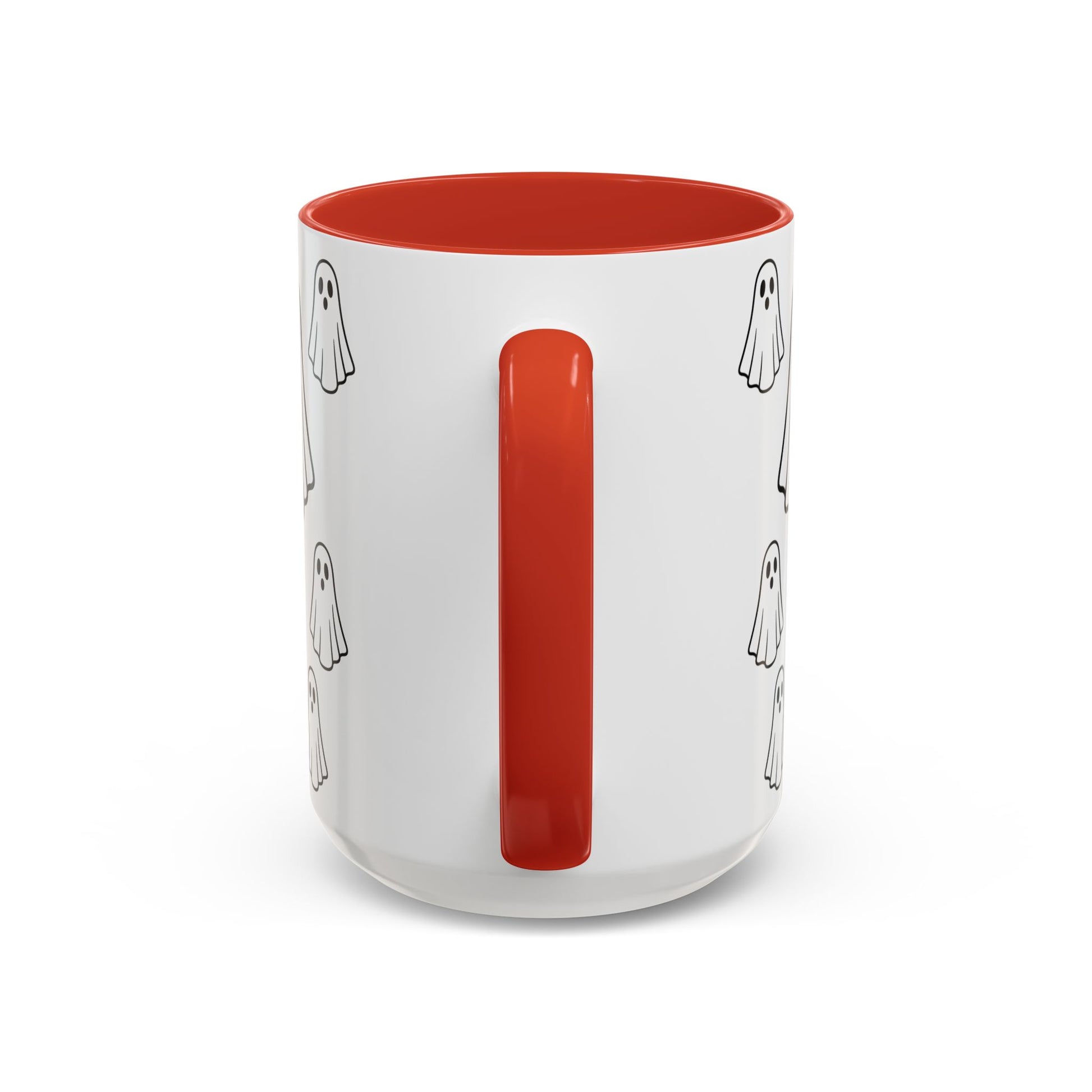 White ceramic coffee mug with black ghost pattern design, 11oz, featuring a cute Halloween-themed print.